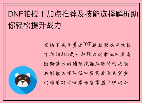 DNF帕拉丁加点推荐及技能选择解析助你轻松提升战力